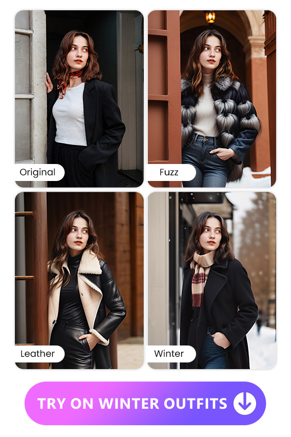 girl try on 3 AI outfit styles for winter look including Fuzz, Leather and Winter